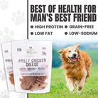 Philly Chicken CheeseSteak Dog treats packaging with a dog running in the background and text about health benefits.