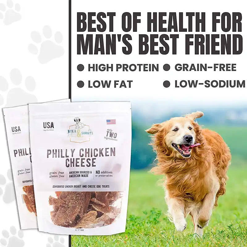 Philly Chicken CheeseSteak Dog treats packaging with a dog running in the background and text about health benefits.