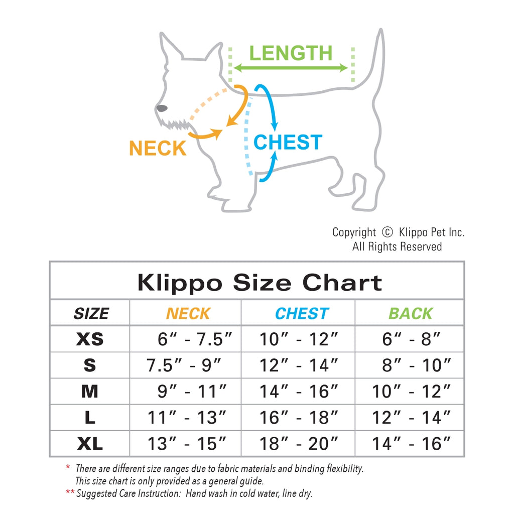 Klippo size chart for dog products with measurements on a white background