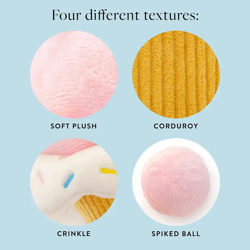 Four different textures included in cupcake dog toy: 'Soft Plush', 'Corduroy', 'Crinkle', and 'Spiked Ball' 