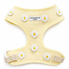 Yellow pet harness with daisy flower designs and 'Cocopup London' branding on a white background