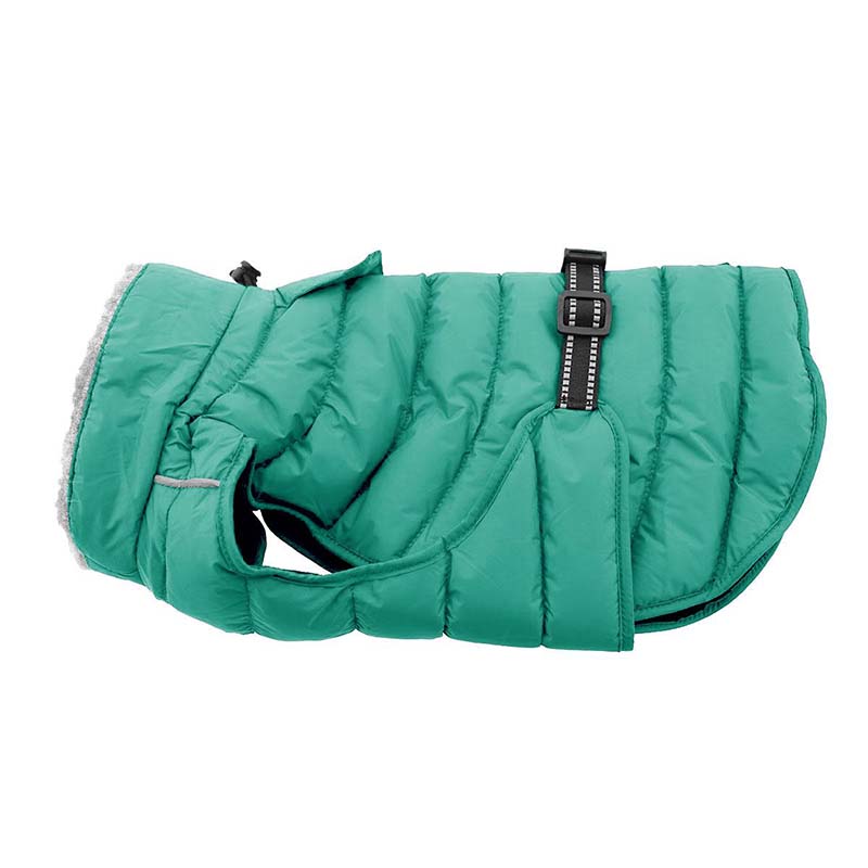 Green puffer dog coat on a white background