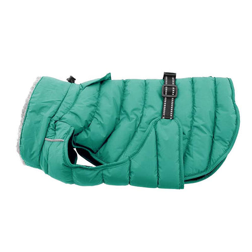 Green puffer dog coat on a white background