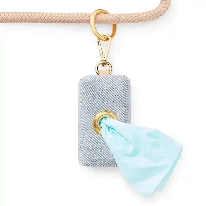 foggy dog light denim poo bag styled