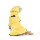 back view of dog wearing yellow pendleton dog raincoat