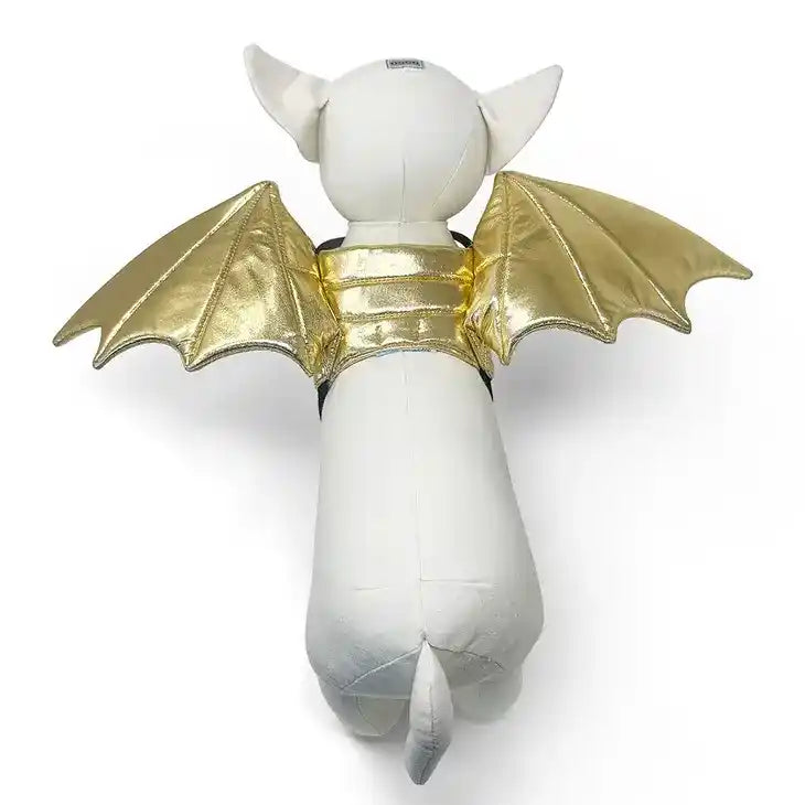 metallic gold dragon wings dog costume backside on mannequin