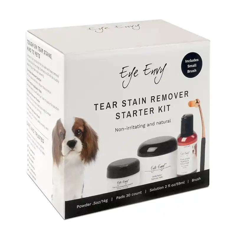 Eye Envy Tear Stain Remover Starter Kit packaging with a dog illustration on a white background