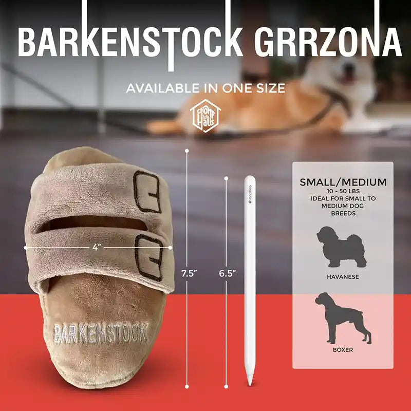Plush Barkenstock Grrzona dog toy with size dimensions.