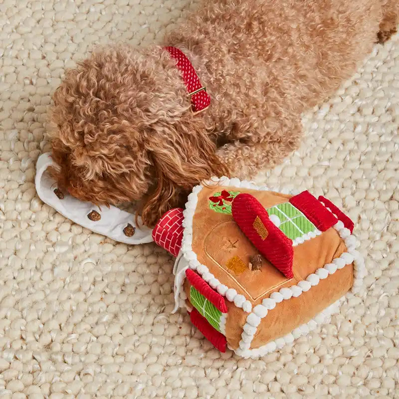 dog playing with gingerbread snuffle toy