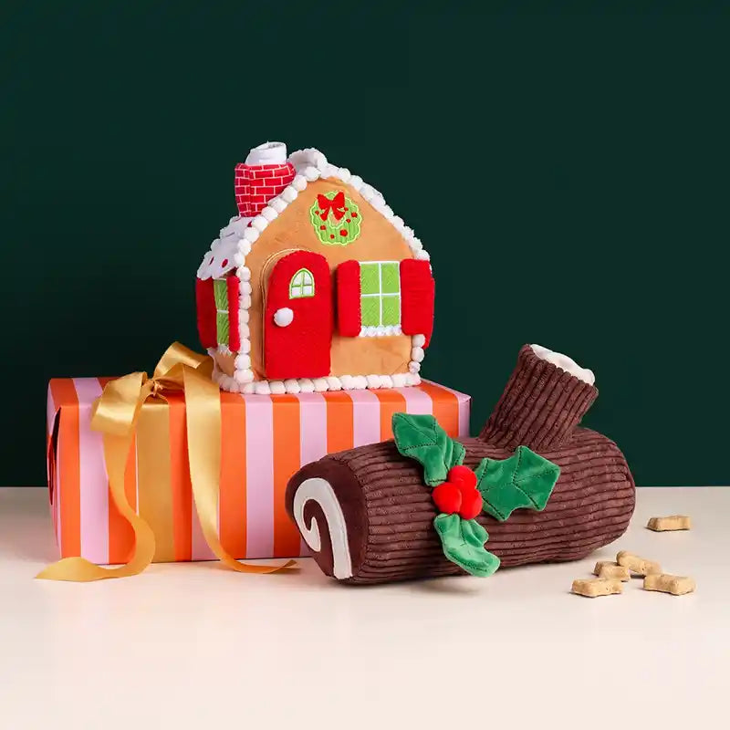 gingerbread and yule log dog toys styled