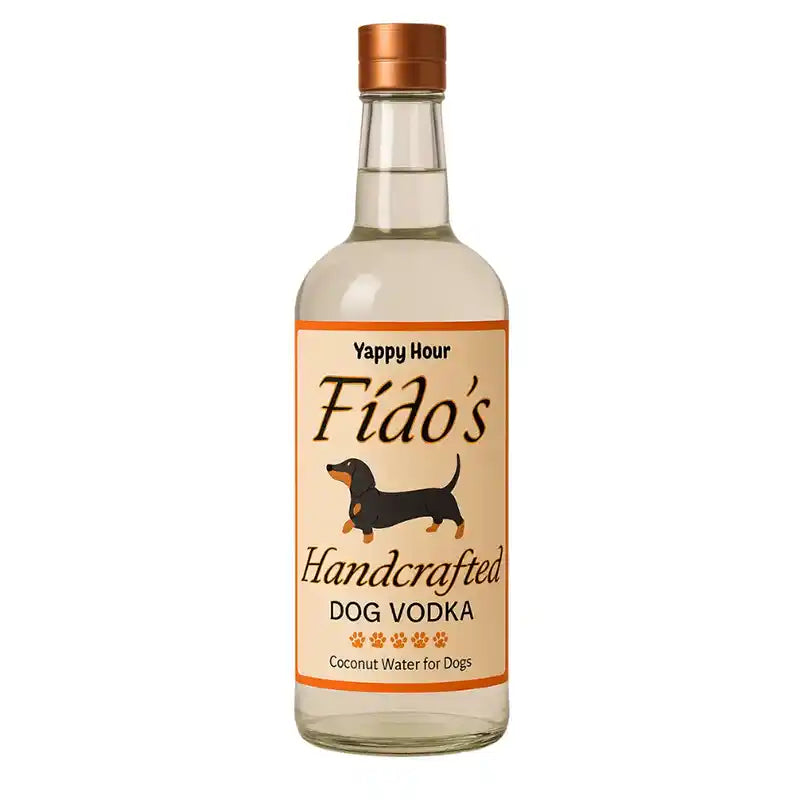 Bottle of Fido's Handcrafted Dog Vodka on a white background