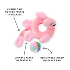 features of flamingo float plush dog toy