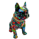 Bright colored flower design laminated onto a Frenchie statue on a white background