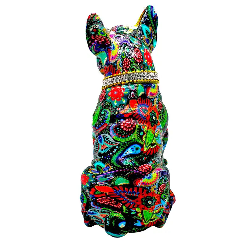 Back view of bright colored flower design laminated onto a Frenchie statue with a diamond collar on a white background