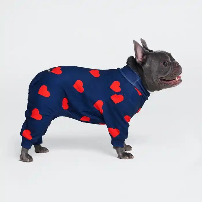 frenchie wearing spark paws heart dog pjs