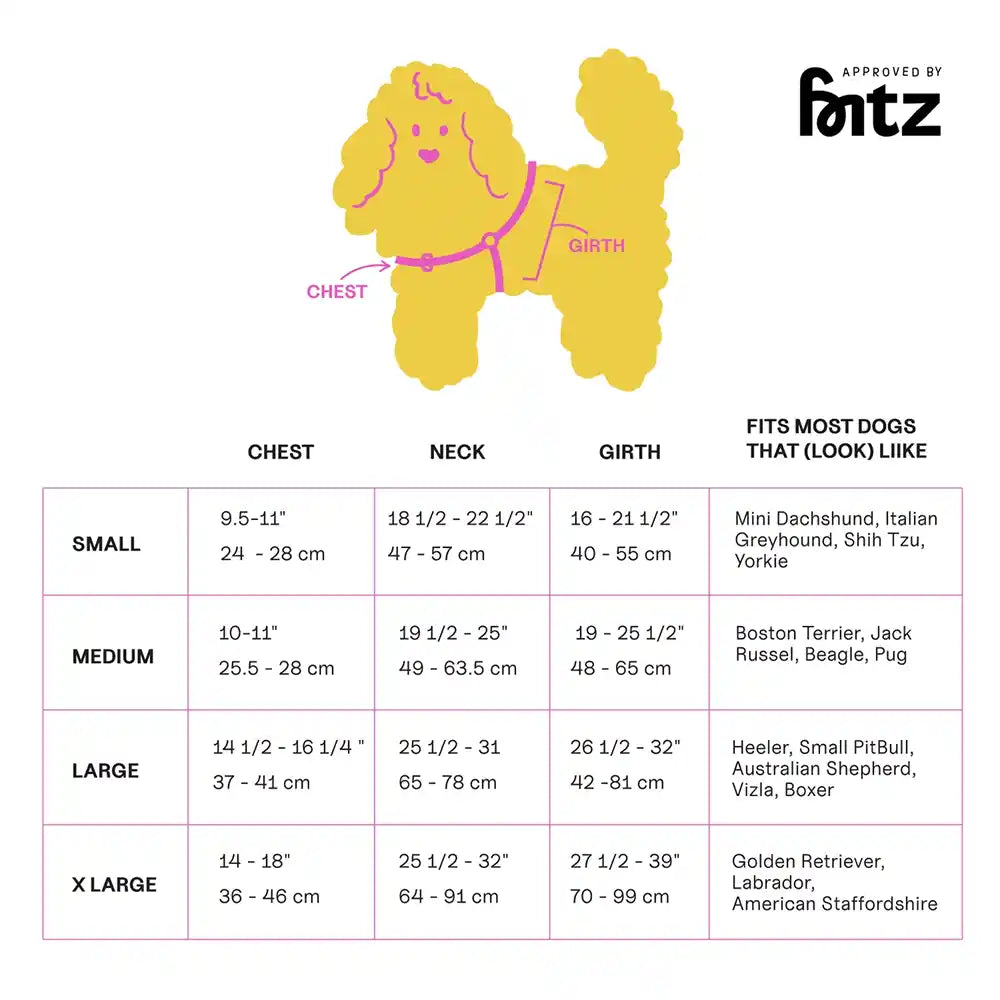 approved by fritz harness size chart