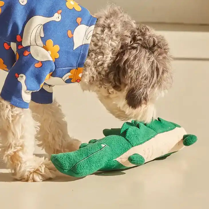 green crocodile snuffle dog toy styled