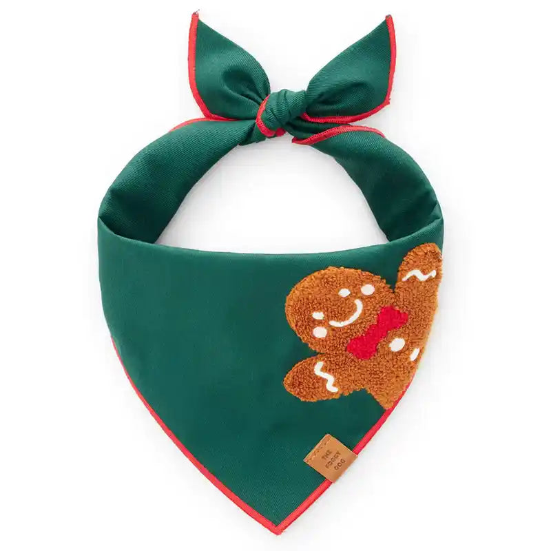 Green dog bandana with gingerbread man applique