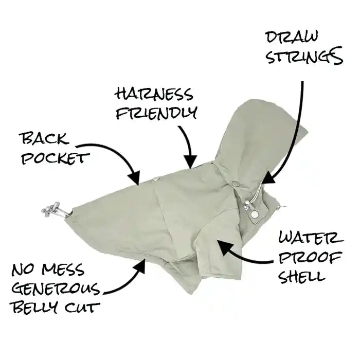 miamore moss green dog raincoat diagram of features side view