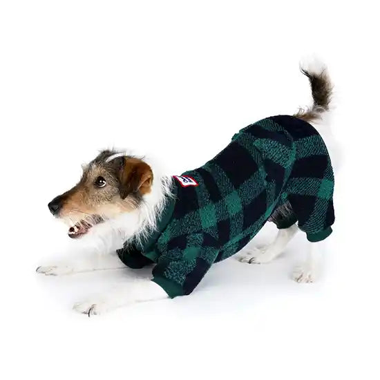 dog playing in monster green check dog warmer onesie