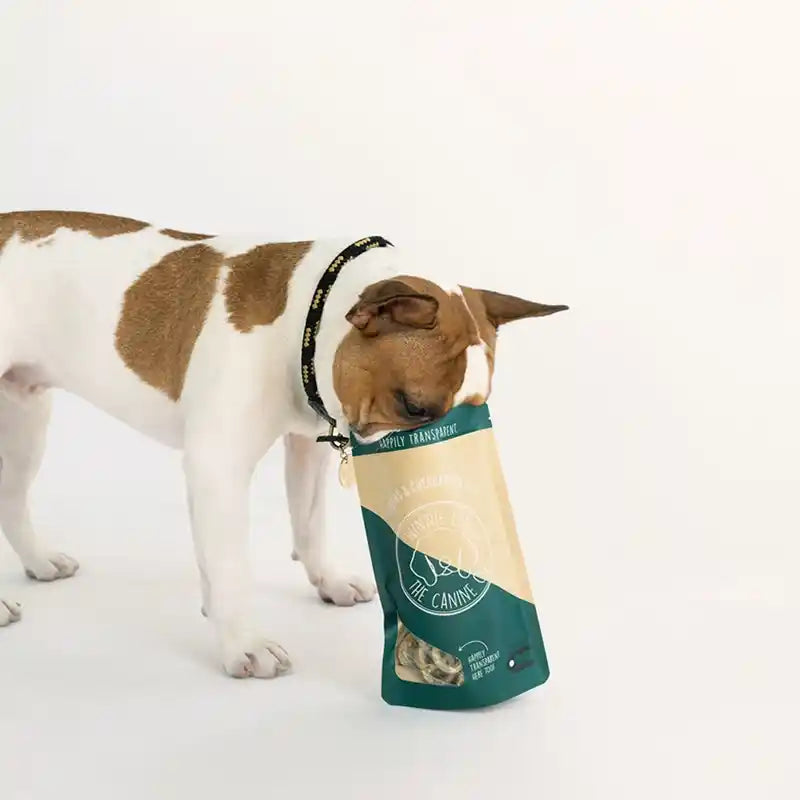dog sticking nose in greens and cheddar treats bag