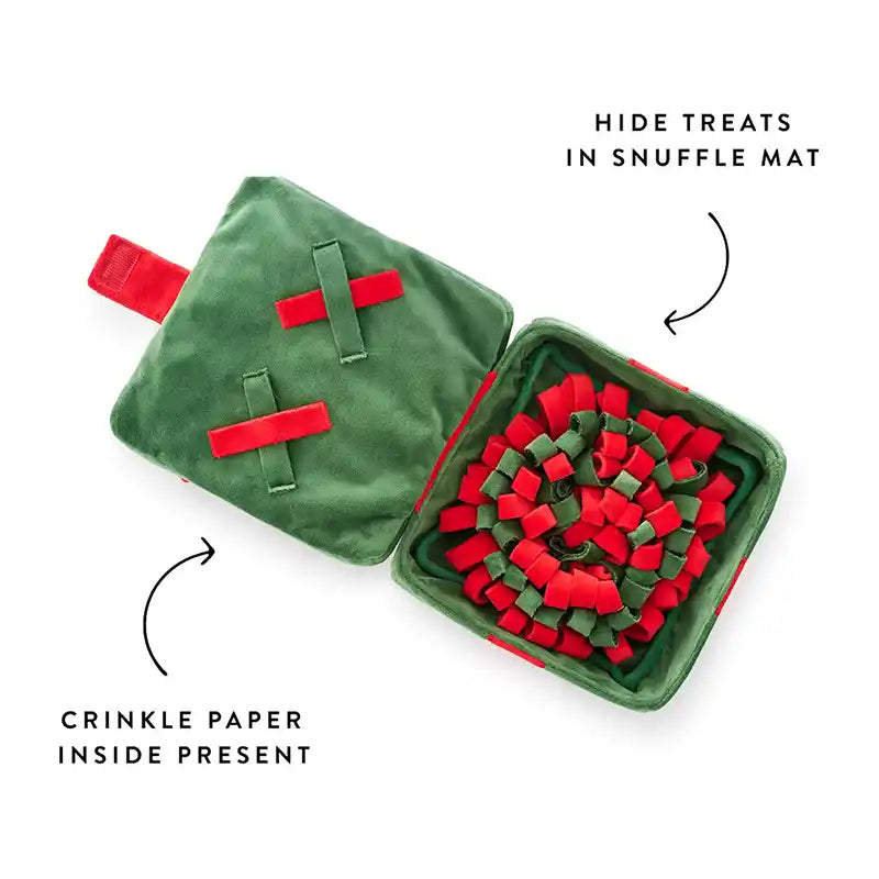 Green and red snuffle mat with crinkle paper inside on a white background