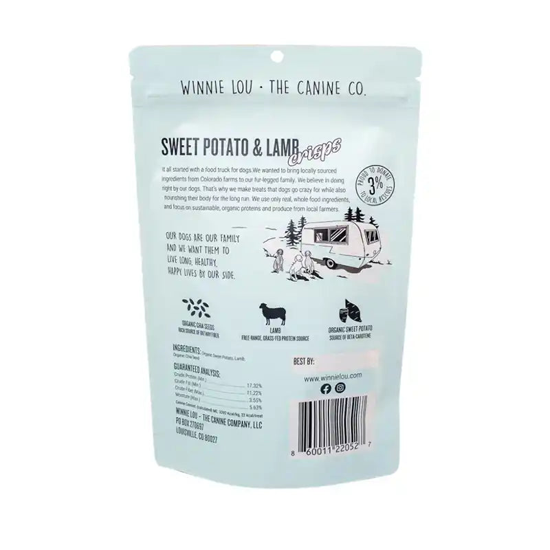 back of packaging of sweet potato & lamb dog crisps