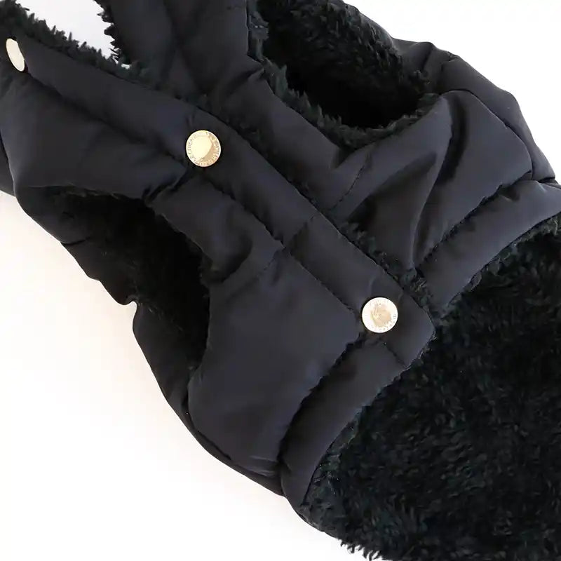 black puffer jacket with black sherpa lining