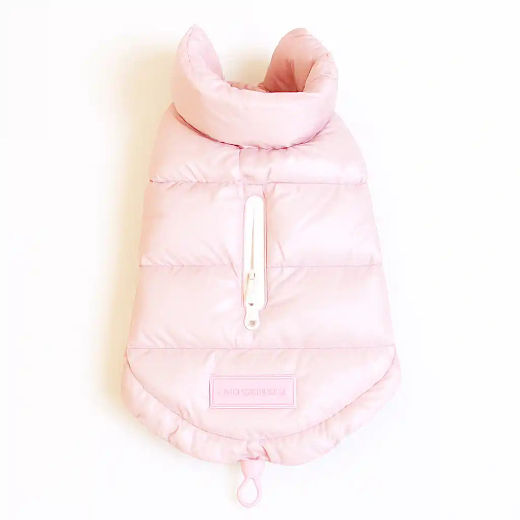 back view of pink puffer dog jacket