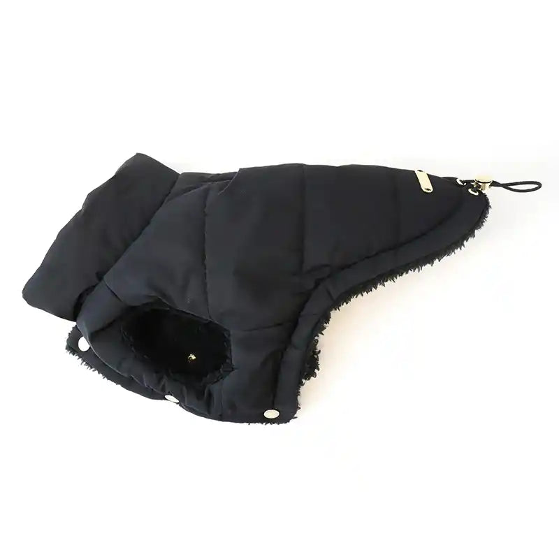 side view of black puffer dog jacket with  sherpa lining
