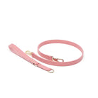 Pink dog leash with detachable handle and gold hardware on a white background