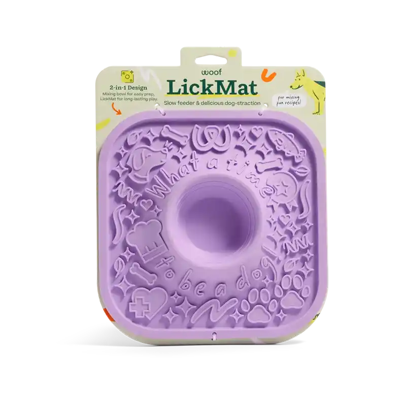 Purple woof dog lick mat