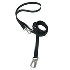 A black silicone coated webbing dog leash with a silver metal D-ring and a buckle, designed for hands-free crossbody wear.