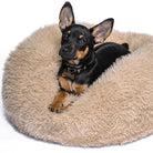 A beige, fluffy dog bed made of recycled fiber.