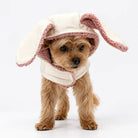 Ivory bunny dog harness with pink fleece lining, hood and long floppy ears