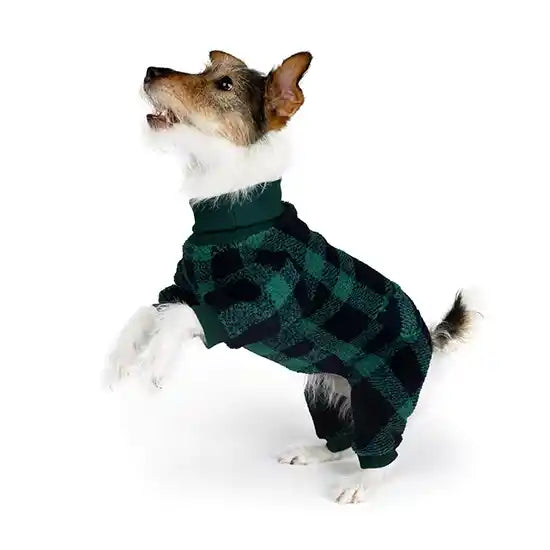 jack russell in monster green check dog warmer onesie