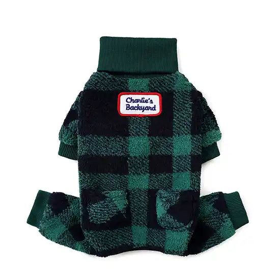 monster green check dog warmer onesie