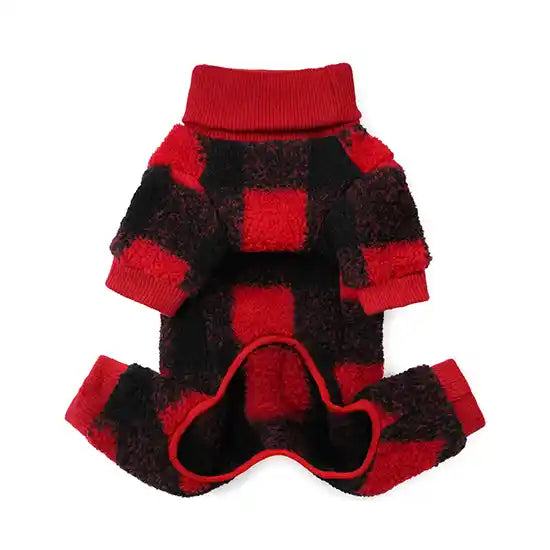 monster red check dog warmer onesie underside
