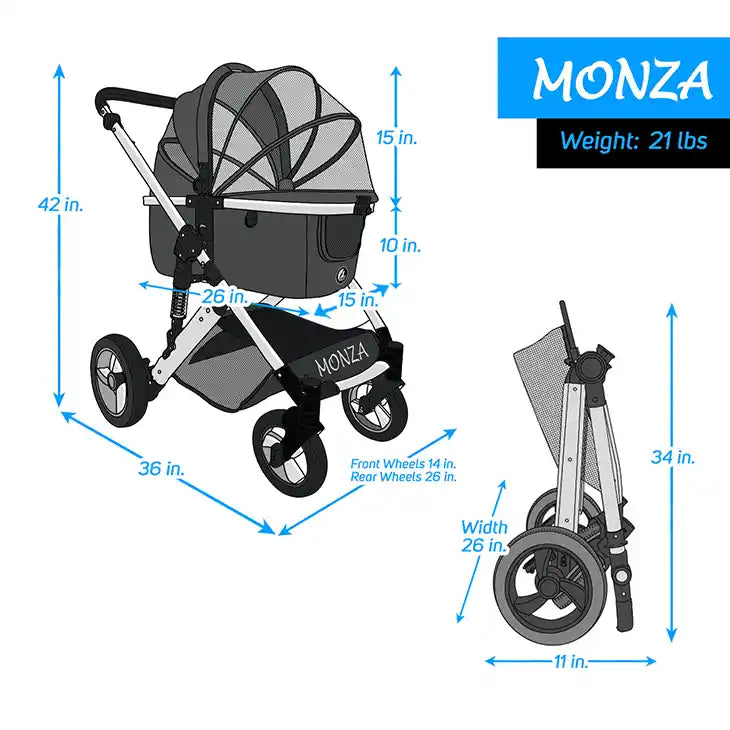 Monza Luxury 3-in-1 Travel Pet Stroller (up to 50 lbs) - Dimensions