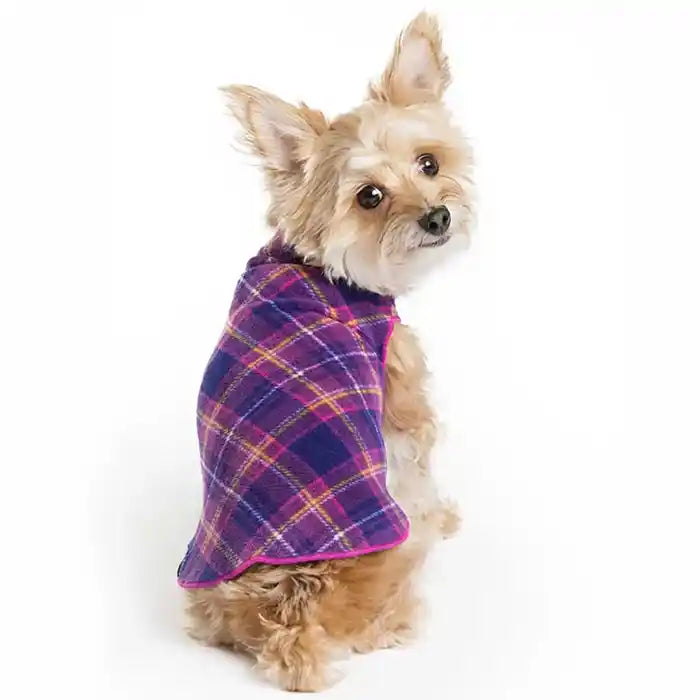 gold paw stretch fleece dog shirt in mulberry plaid