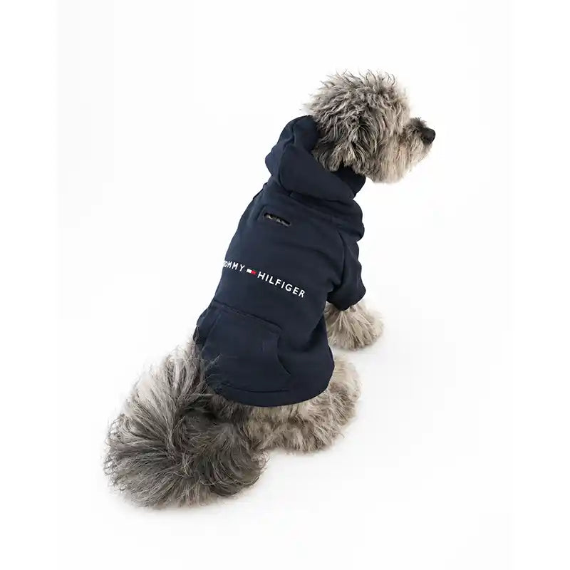 Tommy Hilfiger navy dog hoodie worn by a dog, showing the back logo and hood