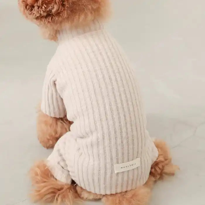 poodle wearing moncheri beige ribbed dog onesie back view