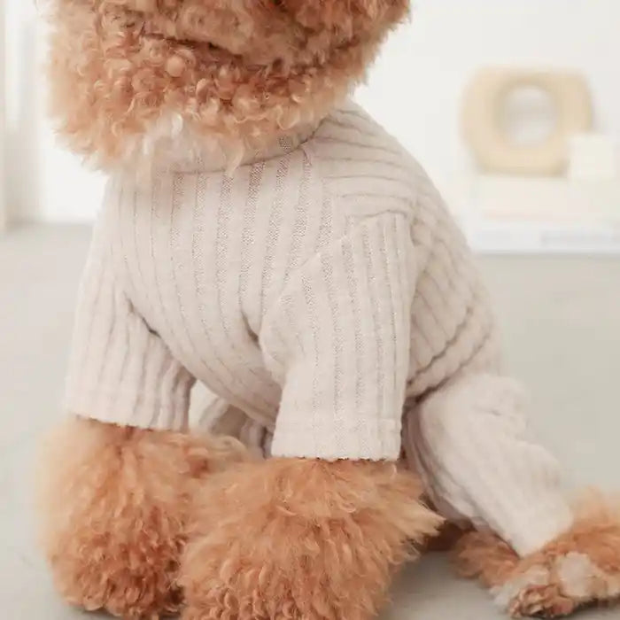 poodle wearing moncheri beige ribbed dog onesie 