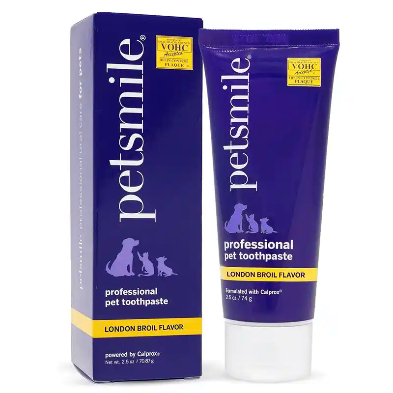 Petsmile professional pet toothpaste in london broil flavor with packaging 