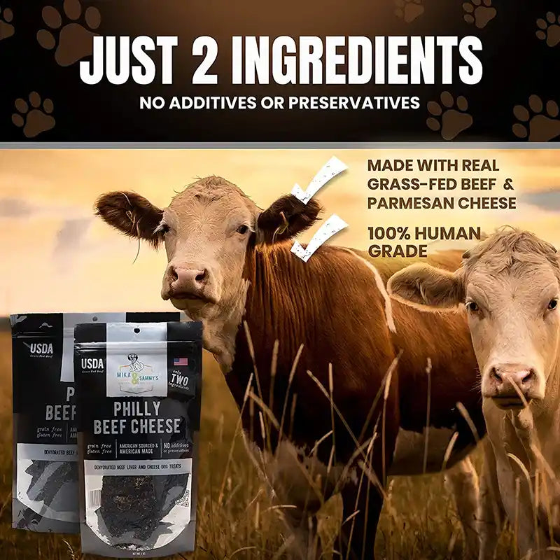 Two cows standing in a field with packages of Philly Beef Cheese and text about ingredients and quality.