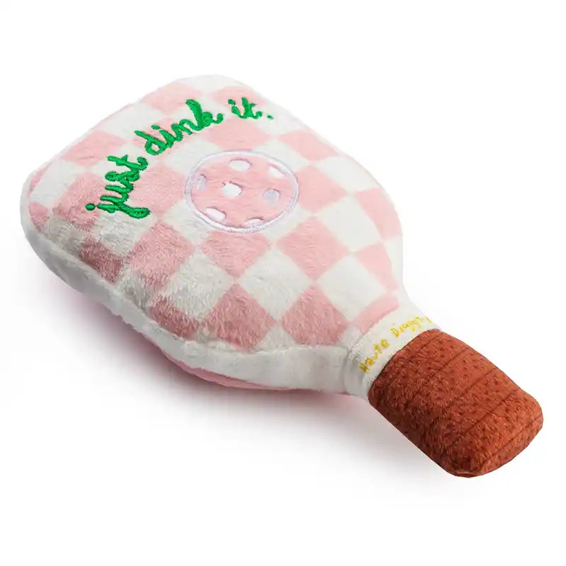 pink checked pickleball paddle dog toy