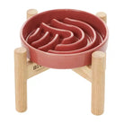 Pink pet slow feeder with wooden stand on a white background