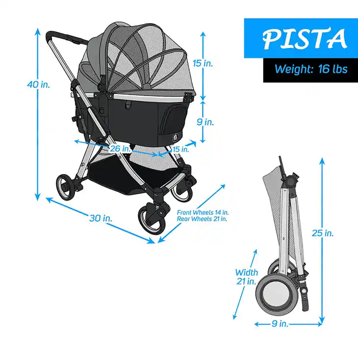 Pista Lightweight 3-in-1 Travel Pet Stroller (up to 45 lbs) - Dimensions
