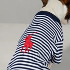 navy polo striped big pony logo dog crewneck shirt modeled on jack russell