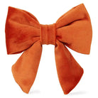 Front view of an orange velvet bow.